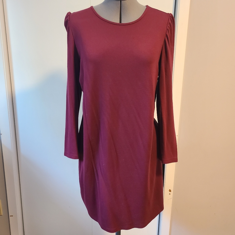 L Burgundy Shift Dress Cottom Stretch puffy sleeves